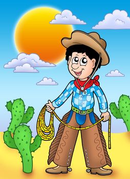 Country boy with sunset - color illustration.