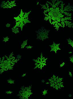 Illustration of snowflake falling in a nights sky lite to give a sense of perspective