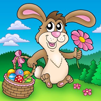 Cute Easter bunny on meadow - color illustration.