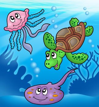 Various marine animals in sea - color illustration.