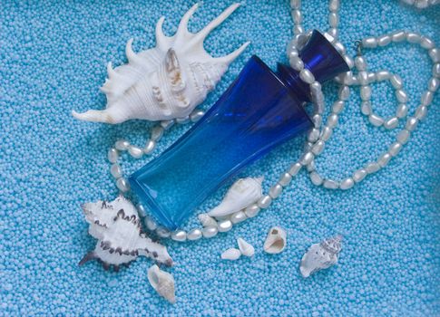 The image of a bottle of perfume and cockleshells on a dark blue background