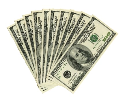 Ten hundred dollars notes isolated on white