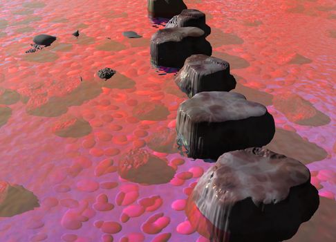 Row of Stepping Stones in a Red Ocean River Scene