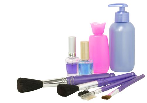 set of different colorful cosmetics isolated over white with copy-paste space