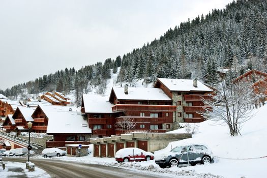 Ski resort after snow storm, Meribel, Trois Vallees, France