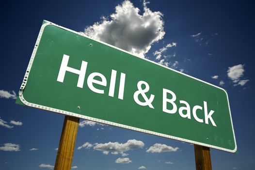 Hell and Back Road Sign with dramatic clouds and sky.