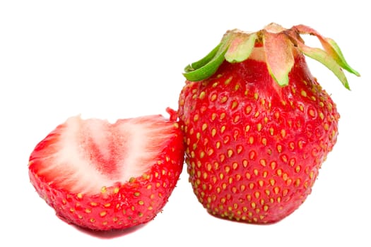 close-up whole and half strawberries, isolated on white