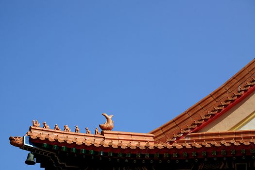 The roof of chinese temple, with statue