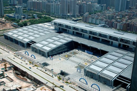 China, modern Chinese city Shenzhen, exhibition center in Futian district from bird's eye view.