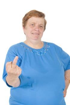 elderly woman putting up her middle finger