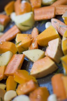 a tray of seasoned winter vegetables ready for roasting