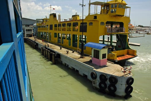 Colorful ferry at the sea in Penang Island Malaysia