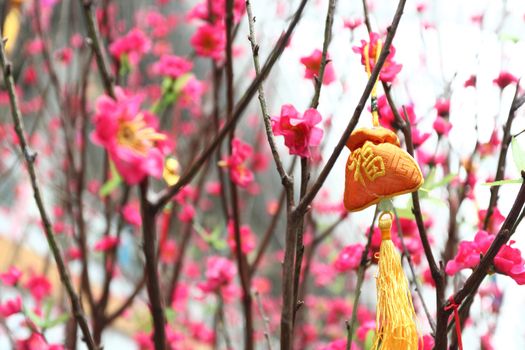 Chinese new year decoration--Yellow fortune bag and peach blossom