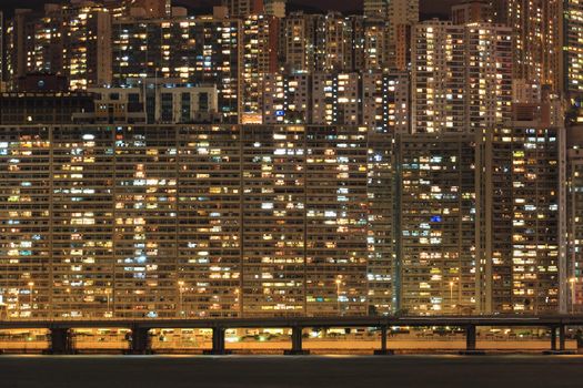 Apartment block at night, Hong, Kong