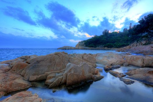 sunset time on coast, in Cheung Chau, Hong Kong