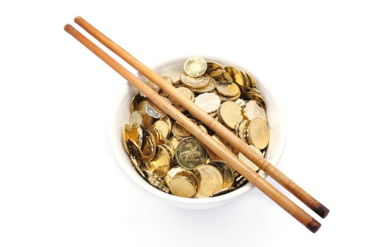 bowl of money with chopsticks