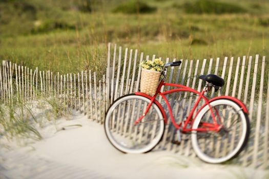 Red vintage bicycle with basket and flowers leaning against wooden fence at beach.