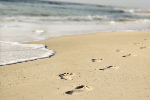 Scenic sandy coastline with footprints and waves.