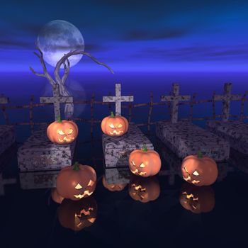pumpkins in a cemetery during the Halloween's night