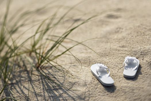 Two white sandals on sandy beach.