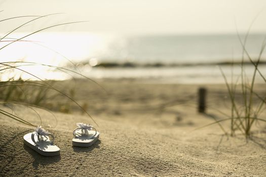 Two white sandals on sandy beach with ocean in background.