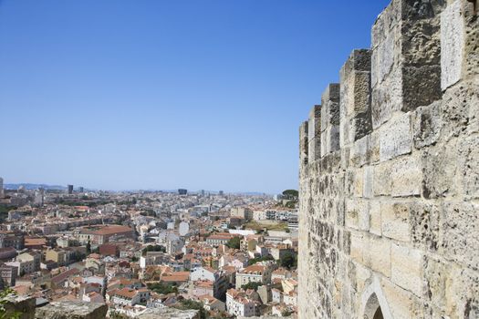 Aerial view of town from castle structure in Lisbon, Portugal.