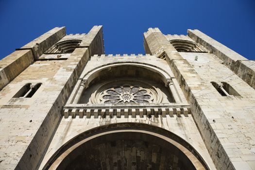 Low angle view of Se Cathedral in Lisbon, Portugal.