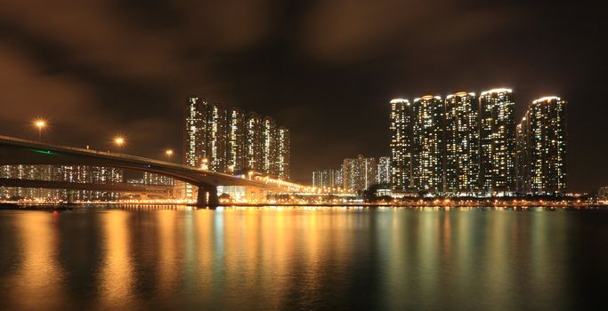 Business Towers and Residential Apartment Buildings in Hong Kong at night