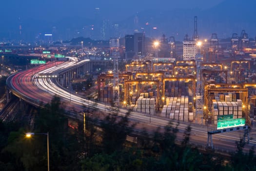 highway and container terminals in Hong Kong at night
