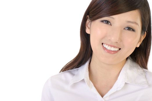 Happy businesswoman of Asian smiling expression portrait on white background.