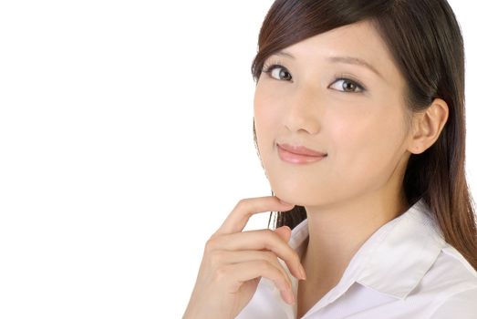 Friendly business woman portrait of Asian on white background.