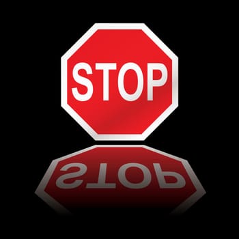 Red stop road sign with black background and reflection