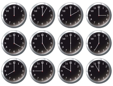 Black office wall clock showing each hour of the day with silver frame