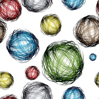pencil scribble balls with different colors and seamless background pattern