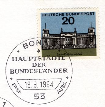 GERMANY - CIRCA 1964: special postmark on a stamp showing reichstag building, berlin, Germany, circa 1964