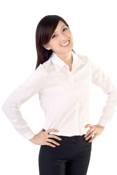 Happy smiling business woman portrait on white background.