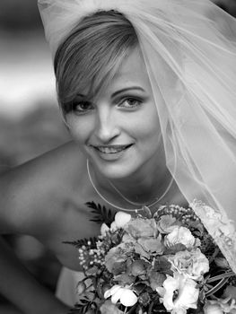 Portrait of beautiful bride in traditional wedding dress and veil.