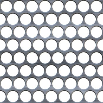 A brushed metal grille or grate with circular holes isolated over white.