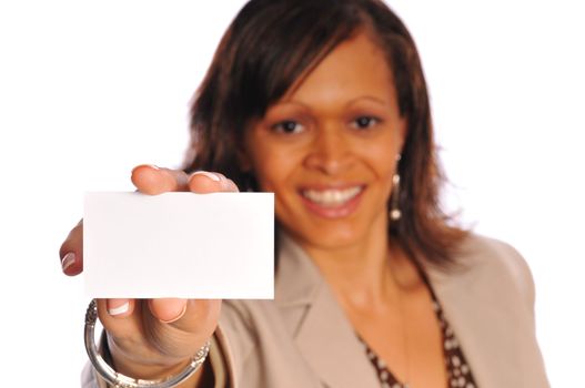 attractive young woman holding a business card focus on the business card