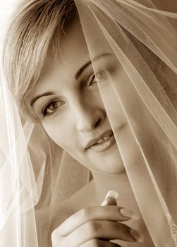 Portrait of beautiful bride in traditional wedding dress and veil.