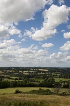 A view of the countryside in summer with a cloudy sky