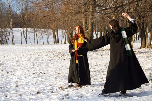 winter morning: students  near schoolhouse 
