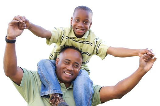 Happy African American Man and Child Isolated on a White Background.