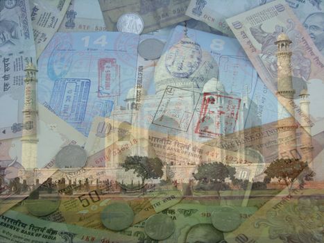 A composite of Indian Currency, Passports and the Taj Mahal. All photos were taken by the author and combined into a composite photo.
