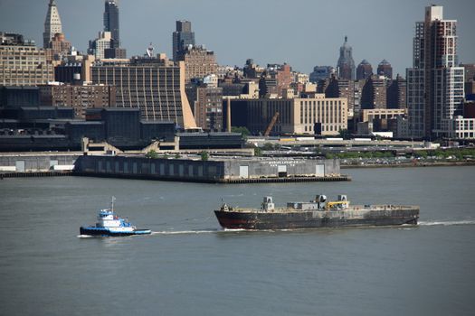 Ships in Hudson River with New York Skyline