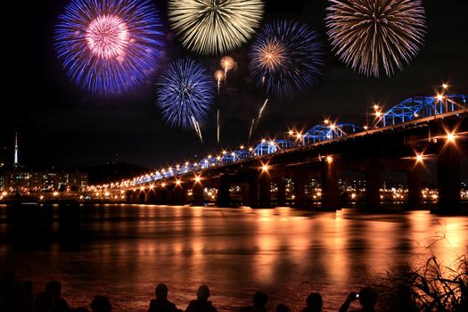 Spectacular fireworks at han River Seoul Korea