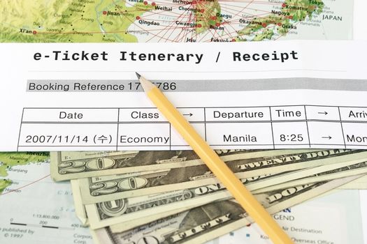 e-Ticket Itenerary with map,dollar and pencil 