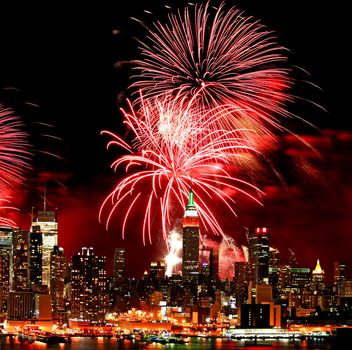 The New York City skyline and holiday fireworks