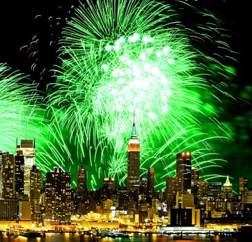 The New York City skyline and holiday fireworks