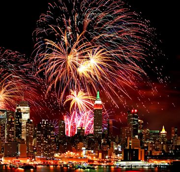 The New York City skyline and holiday fireworks